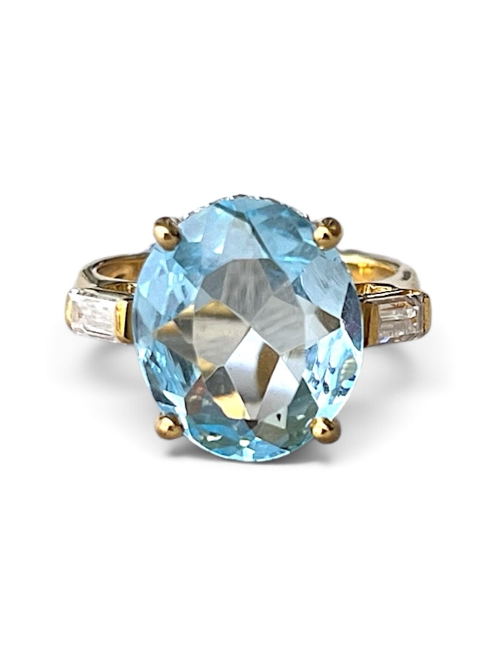 Gold Over Sterling Silver Large Oval Blue Topaz & White Topaz & Moissanite Ring
